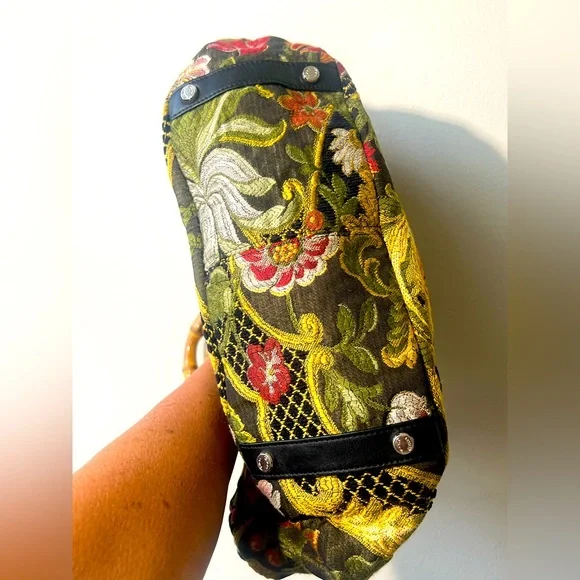 Talbots Vintage Floral Tapestry Satchel Handbag with Stained Bamboo Handles - Picture 7 of 14